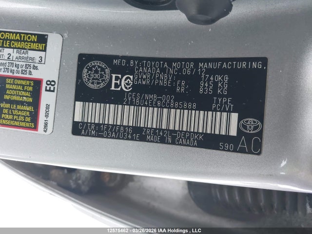12575462 :رقم المزاد ، 2T1BU4EE8CC885888 vin ، 2012 Toyota Corolla مزاد بيع