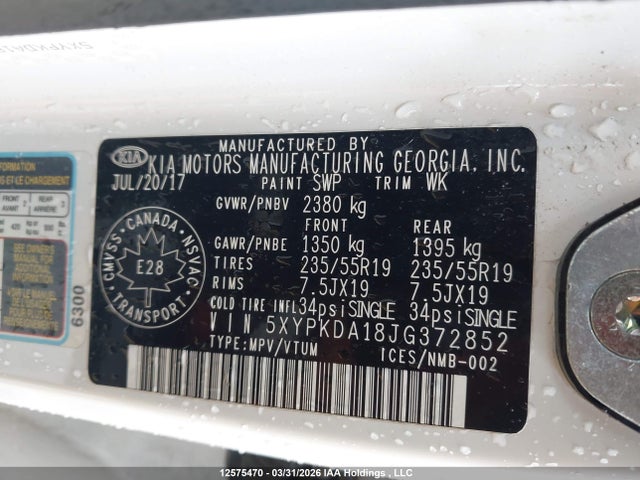 12575470 :رقم المزاد ، 5XYPKDA18JG372852 vin ، 2018 Kia Sorento مزاد بيع