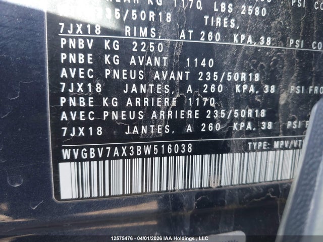Aukcja sprzedaży 2011 Volkswagen Tiguan 2.0 Tsi Comfortline/2.0 Tsi Highline/2.0 Tsi Trendline, vin: WVGBV7AX3BW516038, numer aukcji: 12575476
