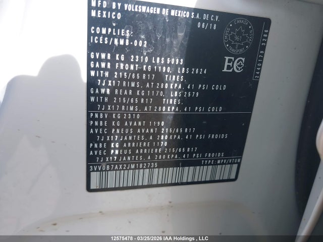 Продаж на аукціоні авто 2018 Volkswagen Tiguan, vin: 3VV0B7AX2JM182735, номер лоту: 12575478