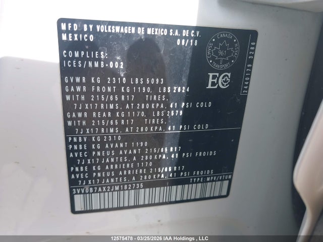 Продаж на аукціоні авто 2018 Volkswagen Tiguan, vin: 3VV0B7AX2JM182735, номер лоту: 12575478