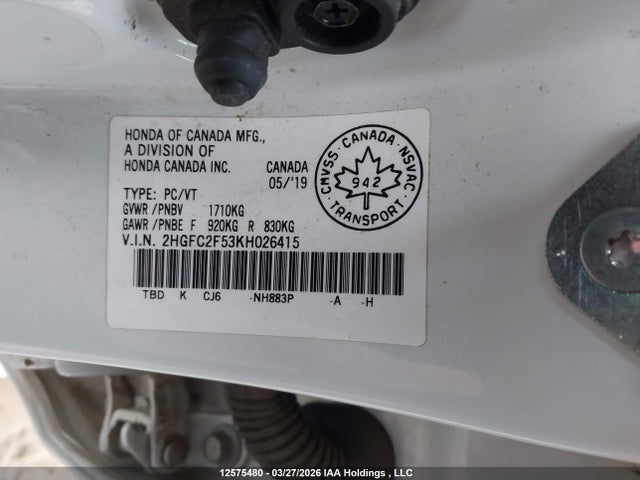 2019 Honda Civic მანქანა იყიდება აუქციონზე, vin: 2HGFC2F53KH026415, აუქციონის ნომერი: 12575480