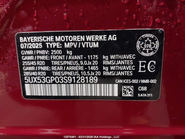 2025 Bmw X3 30 Xdrive მანქანა იყიდება აუქციონზე, vin: 5UX53GP03S9128189, აუქციონის ნომერი: 12575481