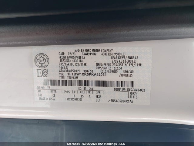 Продаж на аукціоні авто 2023 Ford E-transit-350 Cargo, vin: 1FTBW1XK5PKA62061, номер лоту: 12575484