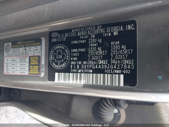 5XYPG4A39JG427845 KIA Sorento 2.4l Lx