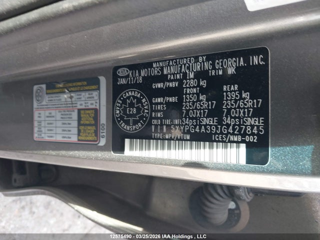 5XYPG4A39JG427845 KIA Sorento 2.4l Lx