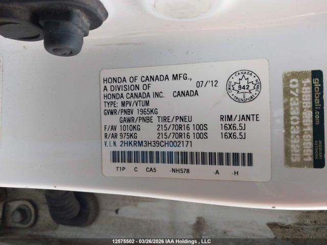 12575502 :رقم المزاد ، 2HKRM3H39CH002171 vin ، 2012 Honda Cr-v Lx مزاد بيع