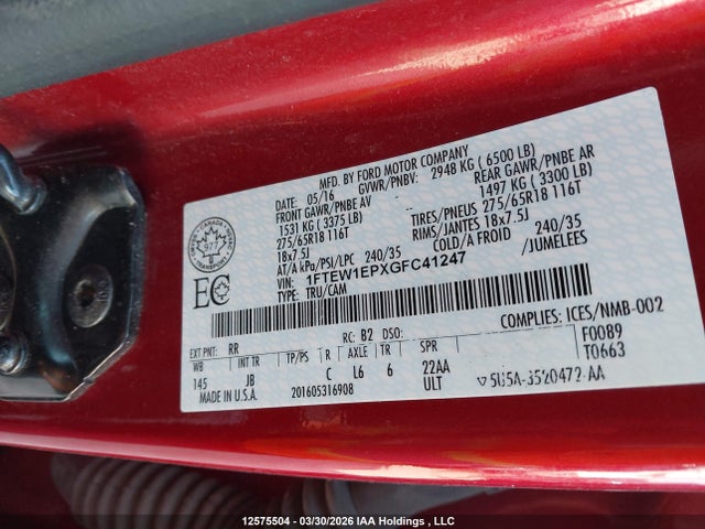 Aukcja sprzedaży 2016 Ford F-150 Xlt, vin: 1FTEW1EPXGFC41247, numer aukcji: 12575504