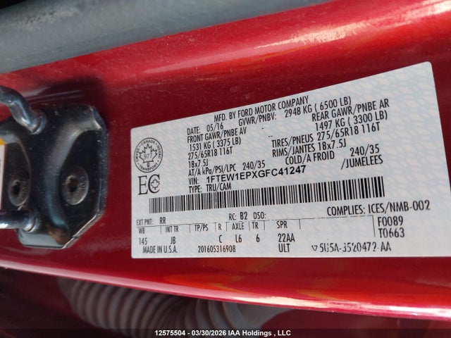 Aukcja sprzedaży 2016 Ford F-150 Xlt, vin: 1FTEW1EPXGFC41247, numer aukcji: 12575504