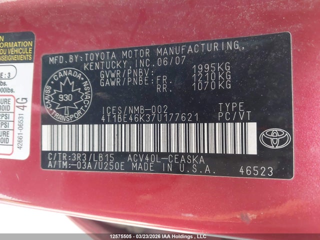 12575505 :رقم المزاد ، 4T1BE46K37U177621 vin ، 2007 Toyota Camry Ce/le/xle/se مزاد بيع