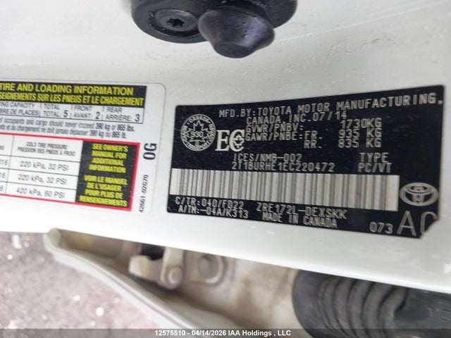2014 Toyota Corolla L/le/le Pls/prm/s/s Pls მანქანა იყიდება აუქციონზე, vin: 2T1BURHE1EC220472, აუქციონის ნომერი: 12575510