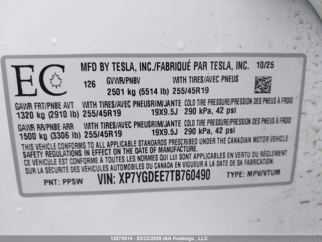 Aukcja sprzedaży 2026 Tesla Model Y, vin: XP7YGDEE7TB760490, numer aukcji: 12575514