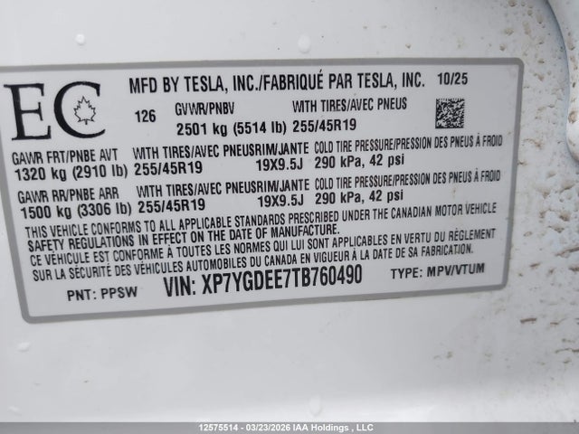 Aukcja sprzedaży 2026 Tesla Model Y, vin: XP7YGDEE7TB760490, numer aukcji: 12575514