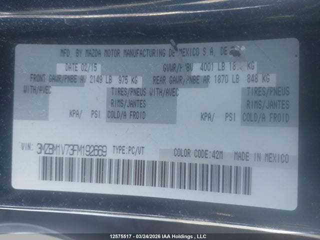 3MZBM1V73FM192669 Mazda Mazda3 Gs