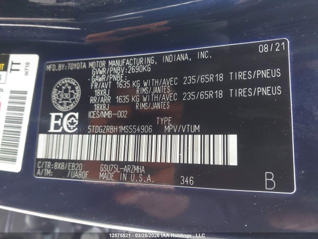 5TDGZRBH1MS554906 Toyota Highlander Xle
