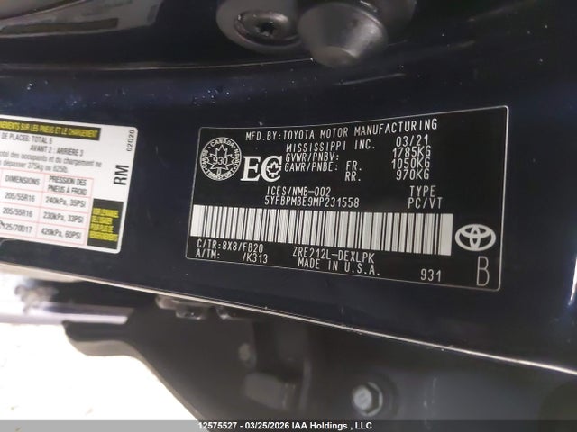 Продаж на аукціоні авто 2021 Toyota Corolla Le, vin: 5YFBPMBE9MP231558, номер лоту: 12575527
