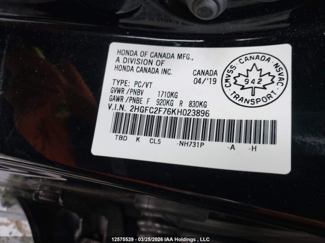 2019 Honda Civic Ex მანქანა იყიდება აუქციონზე, vin: 2HGFC2F76KH023896, აუქციონის ნომერი: 12575539