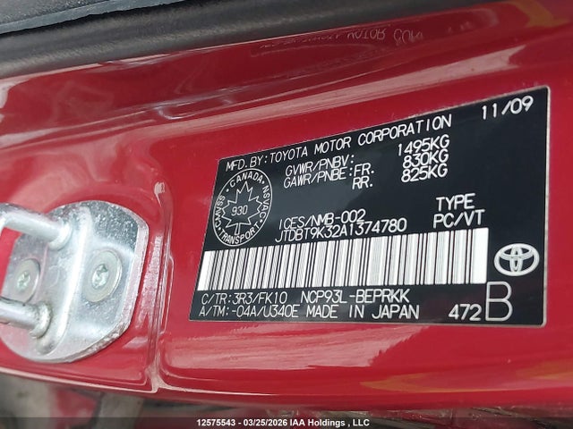 12575543 :رقم المزاد ، JTDBT9K32A1374780 vin ، 2010 Toyota Yaris مزاد بيع