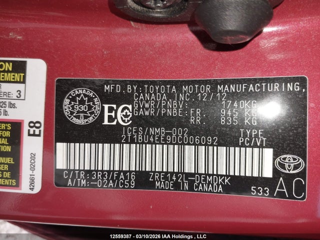 12559387 :رقم المزاد ، 2T1BU4EE9DC006092 vin ، 2013 Toyota Corolla Ce مزاد بيع