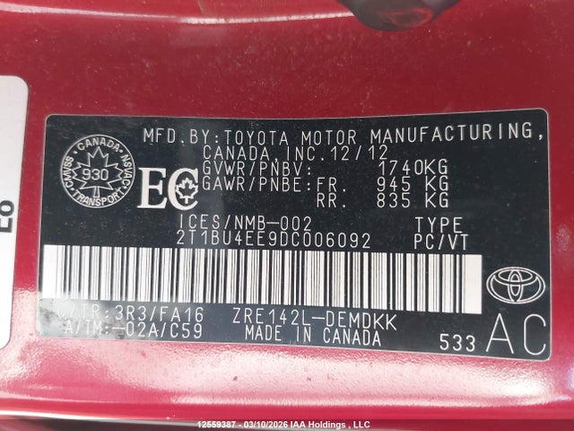 12559387 :رقم المزاد ، 2T1BU4EE9DC006092 vin ، 2013 Toyota Corolla Ce مزاد بيع