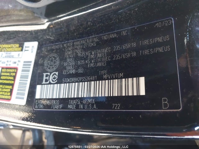 12575551 :رقم المزاد ، 5TDKDRBH2PS526481 vin ، 2023 Toyota Highlander Xle مزاد بيع