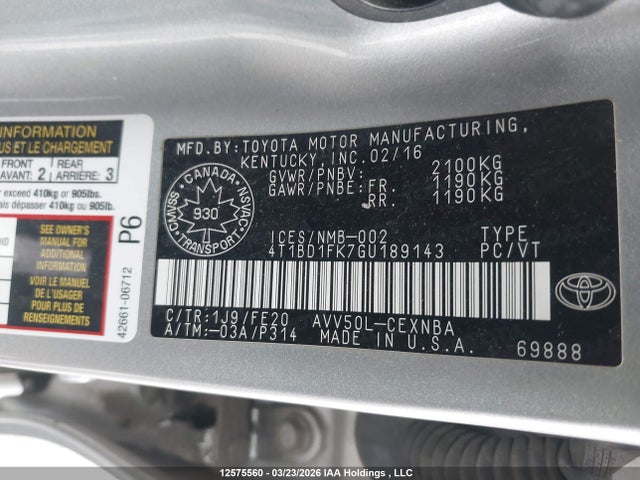 12575560 :رقم المزاد ، 4T1BD1FK7GU189143 vin ، 2016 Toyota Camry Hybrid Le مزاد بيع