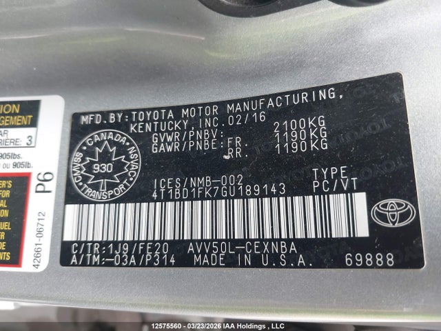 12575560 :رقم المزاد ، 4T1BD1FK7GU189143 vin ، 2016 Toyota Camry Hybrid Le مزاد بيع