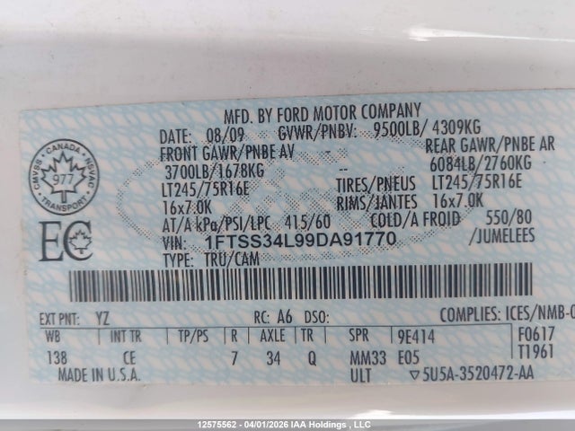 Aukcja sprzedaży 2012 Ford Ford E150, vin: 1FTSS34L99DA91770, numer aukcji: 12575562
