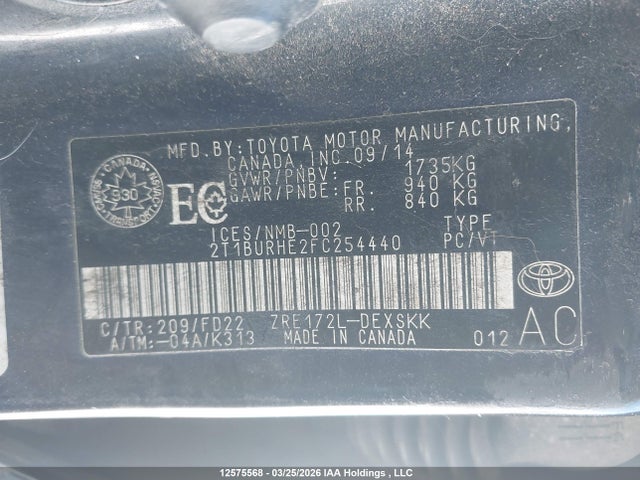 Продаж на аукціоні авто 2015 Toyota Corolla L/le/le Pls/prm/s/s Pls, vin: 2T1BURHE2FC254440, номер лоту: 12575568