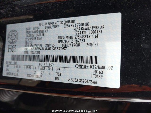 Auction sale of the 2024 Ford F-150, vin: 1FTFW3L83RKE57057, lot number: 12575570