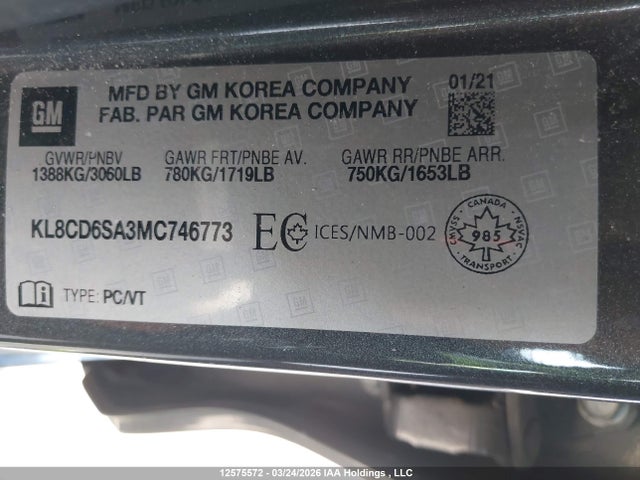 12575572 :رقم المزاد ، KL8CD6SA3MC746773 vin ، 2021 Chevrolet Spark 1lt مزاد بيع