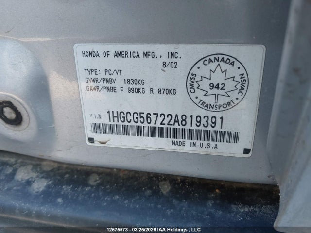 Продаж на аукціоні авто 2002 Honda Accord Se, vin: 1HGCG56722A819391, номер лоту: 12575573