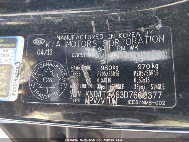 12575586 :رقم المزاد ، KNDJT2A63D7605377 vin ، 2013 Kia Soul 2.0l 2u/2.0l 4u/2.0l 4u Burner/2.0l 4u Luxury/2.0l 4u Retro مزاد بيع