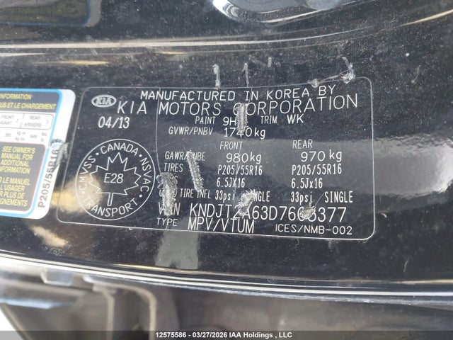 12575586 :رقم المزاد ، KNDJT2A63D7605377 vin ، 2013 Kia Soul 2.0l 2u/2.0l 4u/2.0l 4u Burner/2.0l 4u Luxury/2.0l 4u Retro مزاد بيع