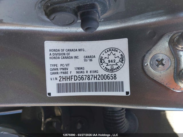 Aukcja sprzedaży 2007 Acura Csx Premium Navigation, vin: 2HHFD56787H200658, numer aukcji: 12575590