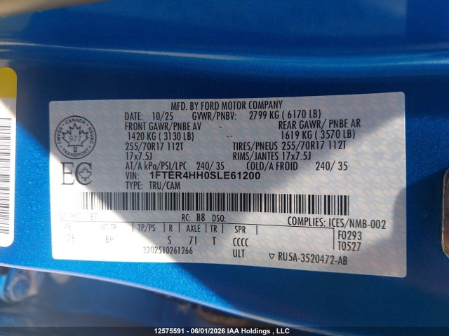 2025 Ford Ranger Xlt მანქანა იყიდება აუქციონზე, vin: 1FTER4HH0SLE61200, აუქციონის ნომერი: 12575591