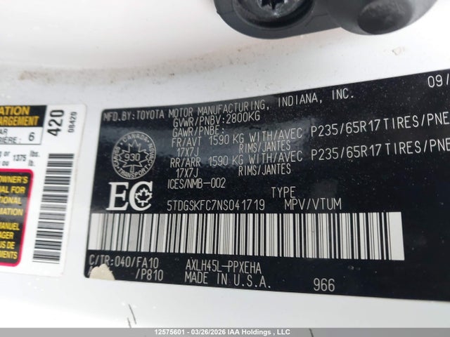 5TDGSKFC7NS041719 Toyota Sienna