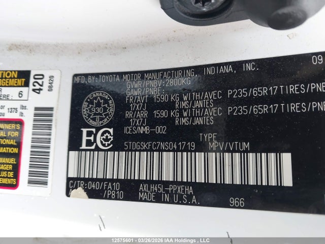 5TDGSKFC7NS041719 Toyota Sienna