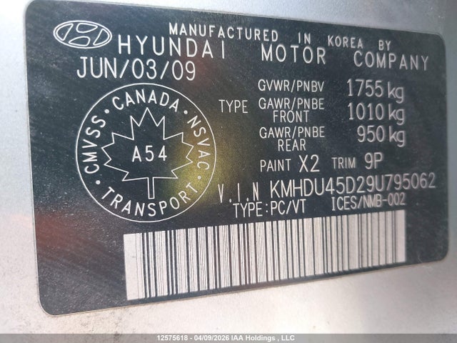 Продаж на аукціоні авто 2009 Hyundai Elantra Gls/se, vin: KMHDU45D29U795062, номер лоту: 12575618
