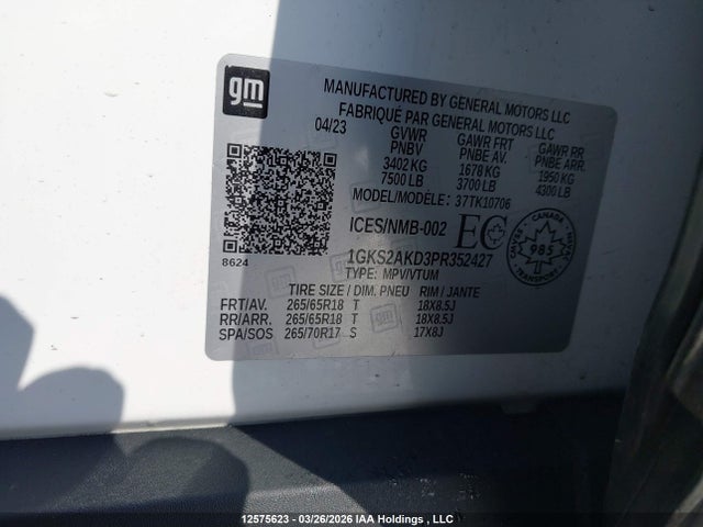 12575623 :رقم المزاد ، 1GKS2AKD3PR352427 vin ، 2023 Gmc Yukon مزاد بيع