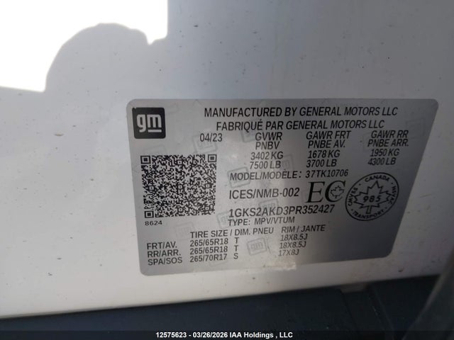12575623 :رقم المزاد ، 1GKS2AKD3PR352427 vin ، 2023 Gmc Yukon مزاد بيع