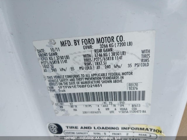 Aukcja sprzedaży 2011 Ford F-150 Lariat, vin: 1FTFW1ET6BFD21851, numer aukcji: 12575627