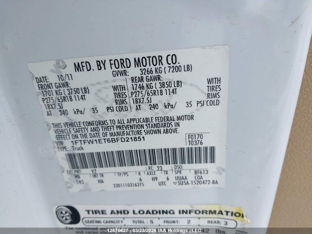 Aukcja sprzedaży 2011 Ford F-150 Lariat, vin: 1FTFW1ET6BFD21851, numer aukcji: 12575627