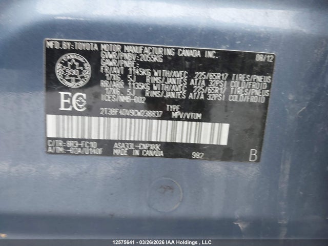 2012 Toyota Rav4 მანქანა იყიდება აუქციონზე, vin: 2T3BF4DV9CW238837, აუქციონის ნომერი: 12575641