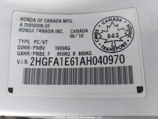 Aukcja sprzedaży 2010 Honda Civic Lx-s, vin: 2HGFA1E61AH040970, numer aukcji: 12575646