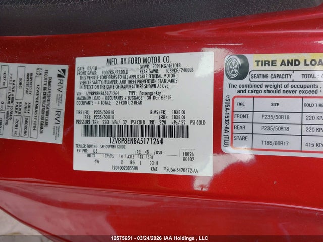 2010 Ford Mustang მანქანა იყიდება აუქციონზე, vin: 1ZVBP8EN8A5171264, აუქციონის ნომერი: 12575651