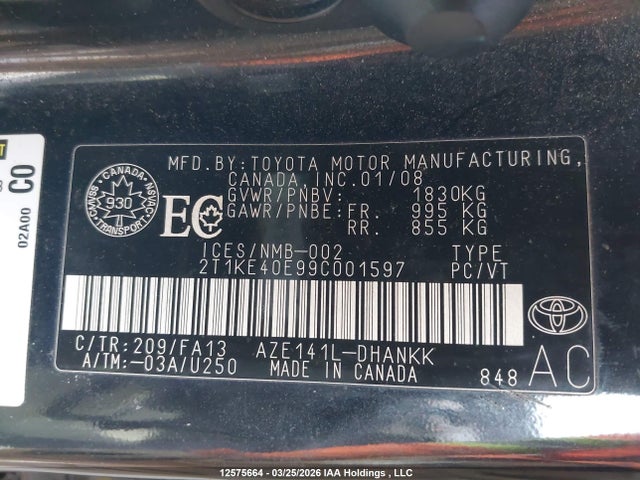 12575664 :رقم المزاد ، 2T1KE40E99C001597 vin ، 2009 Toyota Matrix Xr مزاد بيع