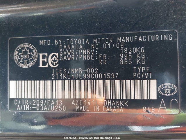 12575664 :رقم المزاد ، 2T1KE40E99C001597 vin ، 2009 Toyota Matrix Xr مزاد بيع