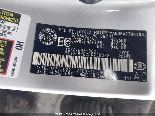 2015 Toyota Corolla S მანქანა იყიდება აუქციონზე, vin: 2T1BURHE2FC230333, აუქციონის ნომერი: 12575671