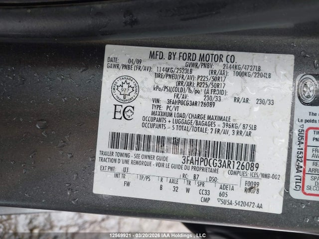 2010 Ford Fusion Sel მანქანა იყიდება აუქციონზე, vin: 3FAHP0CG3AR126089, აუქციონის ნომერი: 12569921